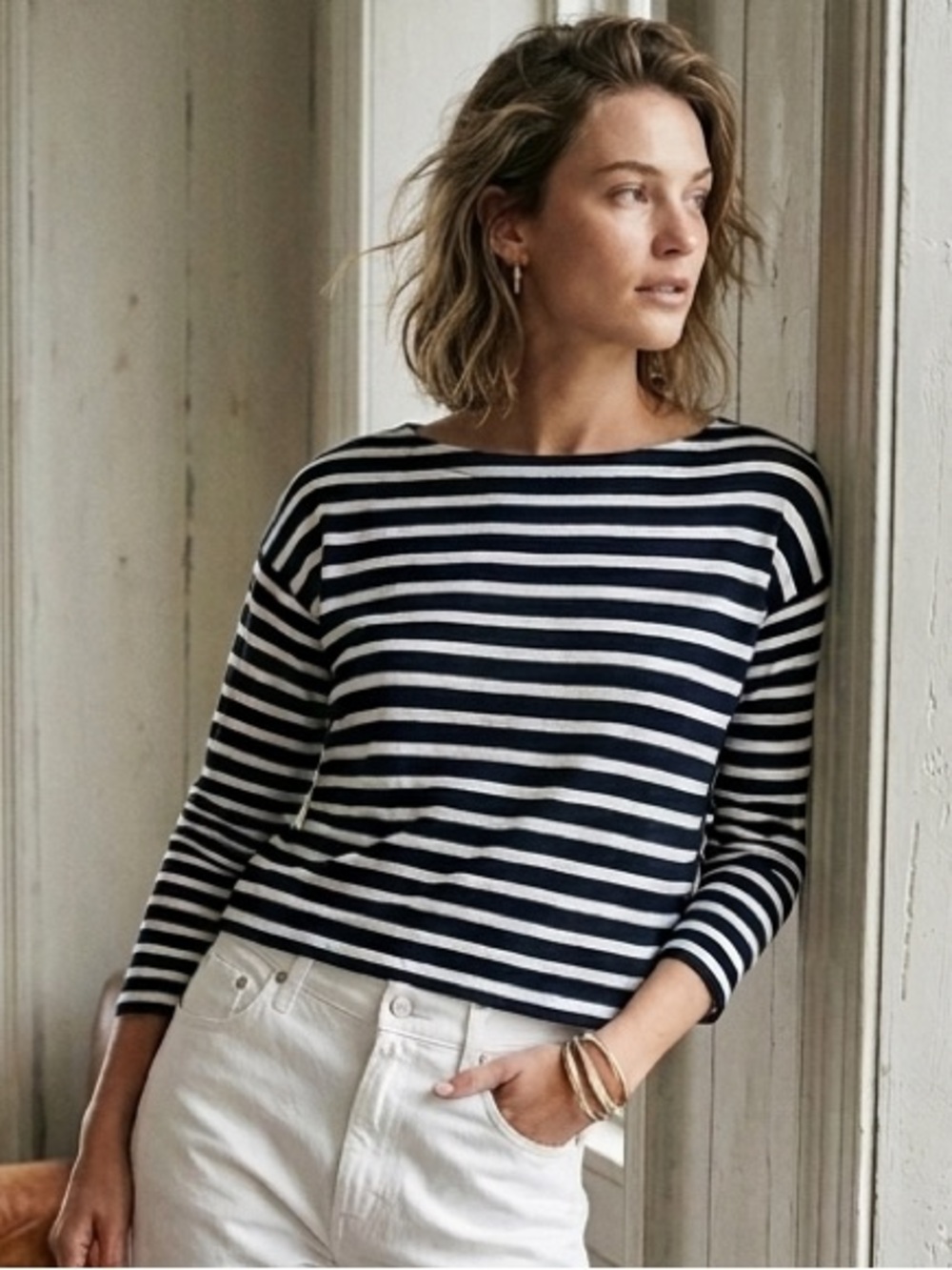 Rag & Bone Creste Navy and White Striped Boatneck Long-Sleeve Top